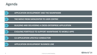 3 
© 2014 CA. ALL RIGHTS RESERVED. 
APPLICATION DEVELOPMENT AND THE MAINFRAME 
THE MOVE FROM DATACENTER TO USER CENTRIC 
APPLICATION DEVELOPMENT BUSINESS LINE 
BUILDING AND DELIVERING A CROSS-ENTERPRISE APPLICATION 
EVOLVING PORTFOLIO TO SUPPORT MAINFRAME TO MOBILE APPS 
CA APPLICATION LIFECYCLE CONDUCTOR 
1 
2 
3 
4 
5 
6 
Agenda  
