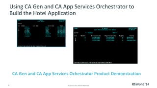 9 
© 2014 CA. ALL RIGHTS RESERVED. 
Using CA Gen and CA App Services Orchestrator to Build the Hotel Application 
CA Gen and CA App Services Ochestrator Product Demonstration  