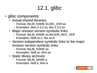 25
12.1. glibc
● glibc components:
● Actual shared libraries:
– Format: libLIB_NAME-GLIBC_VER.so
– Examples: libm-2.3.2.so, libc-2.3.2.so
● Major revision version symbolic links:
– Format: libLIB_NAME.so.MAJOR_REV_VER
– Examples: libdl.so.2, libc.so.6
● Version-independent symbolic links to the major
revision version symbolic links:
– Format: libLIB_NAME.so
– Examples: libdl.so, libm.so
● Static library archives:
– Format: libLIB_NAME.a
– Examples: libdl.a, libm.a
 