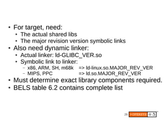 26
● For target, need:
● The actual shared libs
● The major revision version symbolic links
● Also need dynamic linker:
● Actual linker: ld-GLIBC_VER.so
● Symbolic link to linker:
– x86, ARM, SH, m68k => ld-linux.so.MAJOR_REV_VER
– MIPS, PPC => ld.so.MAJOR_REV_VER
● Must determine exact library components required.
● BELS table 6.2 contains complete list
 