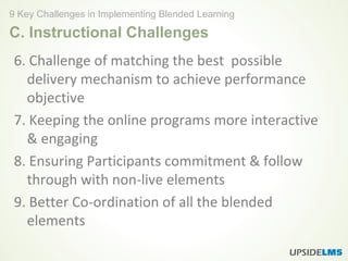 C. Instructional Challenges
6. Challenge of matching the best possible
delivery mechanism to achieve performance
objective
7. Keeping the online programs more interactive
& engaging
8. Ensuring Participants commitment & follow
through with non-live elements
9. Better Co-ordination of all the blended
elements
9 Key Challenges in Implementing Blended Learning
 