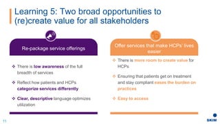  There is low awareness of the full
breadth of services
 Reflect how patients and HCPs
categorize services differently
 Clear, descriptive language optimizes
utilization
 There is more room to create value for
HCPs
 Ensuring that patients get on treatment
and stay compliant eases the burden on
practices
 Easy to access
Learning 5: Two broad opportunities to
(re)create value for all stakeholders
11
Re-package service offerings
Offer services that make HCPs’ lives
easier
 
