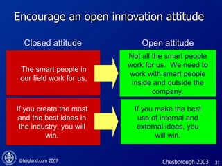 Encourage an open innovation attitude Not all the smart people work for us.  We need to work with smart people inside and outside the company. The smart people in our field work for us. If you create the most and the best ideas in the industry, you will win. If you make the best use of internal and external ideas, you will win. Closed attitude Open attitude Chesborough 2003 