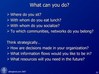 What can you do? Where do you sit? With whom do you eat lunch? With whom do you socialize? To which communities, networks do you belong? Think strategically… How are decisions made in your organization? What information flows would you like to be in?  What resources will you need in the future? 