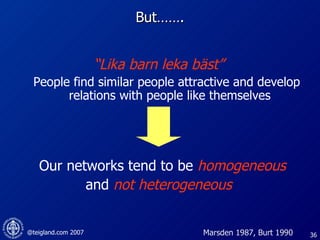 But……. “ Lika barn leka bäst” People find similar people attractive and develop relations with people like themselves  Our networks tend to be  homogeneous   and  not heterogeneous Marsden 1987, Burt 1990 