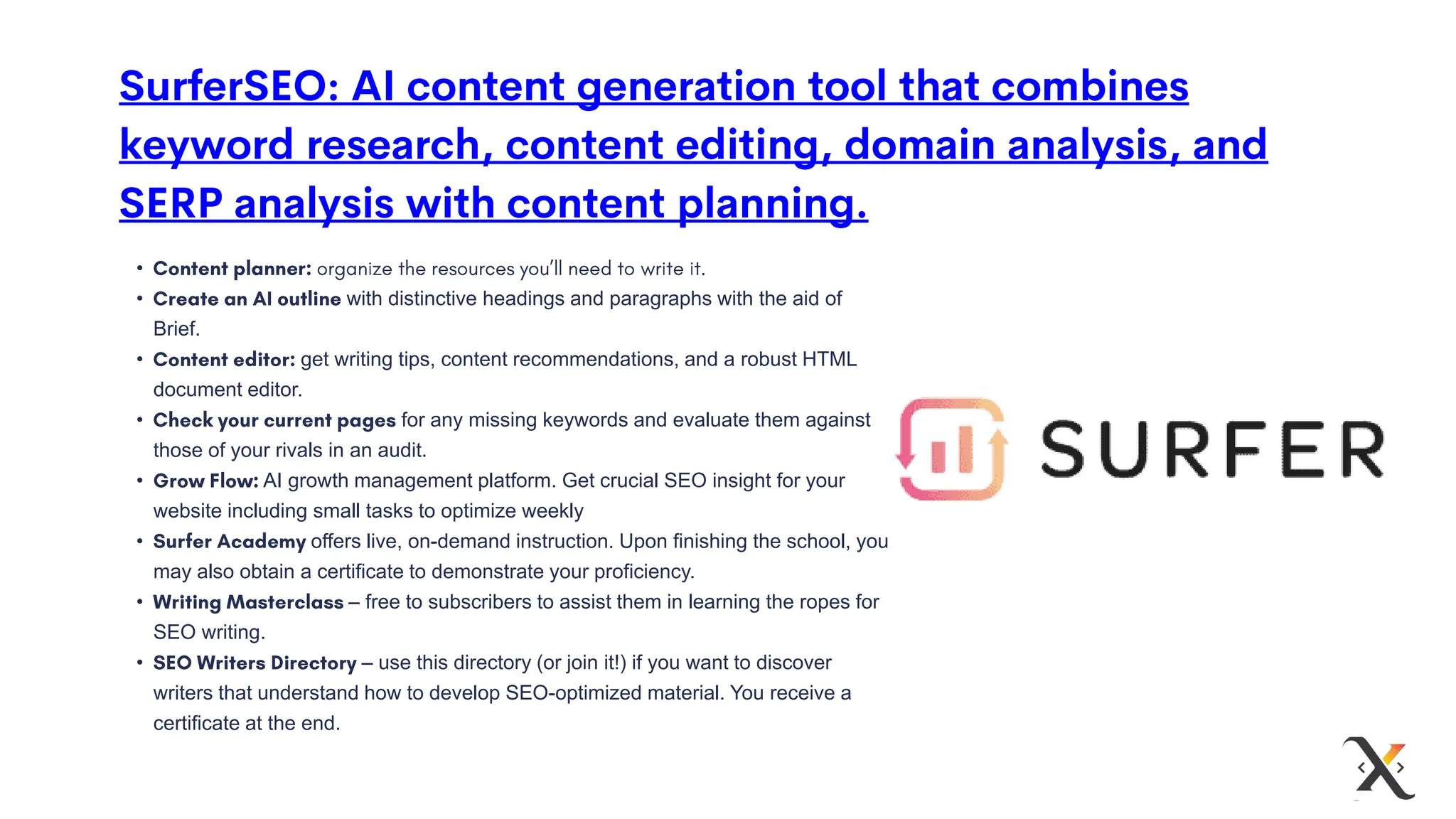 •
• with distinctive headings and paragraphs with the aid of
Brief.
• get writing tips, content recommendations, and a robust HTML
document editor.
• for any missing keywords and evaluate them against
those of your rivals in an audit.
• AI growth management platform. Get crucial SEO insight for your
website including small tasks to optimize weekly
• offers live, on-demand instruction. Upon finishing the school, you
may also obtain a certificate to demonstrate your proficiency.
• – free to subscribers to assist them in learning the ropes for
SEO writing.
• – use this directory (or join it!) if you want to discover
writers that understand how to develop SEO-optimized material. You receive a
certificate at the end.
 