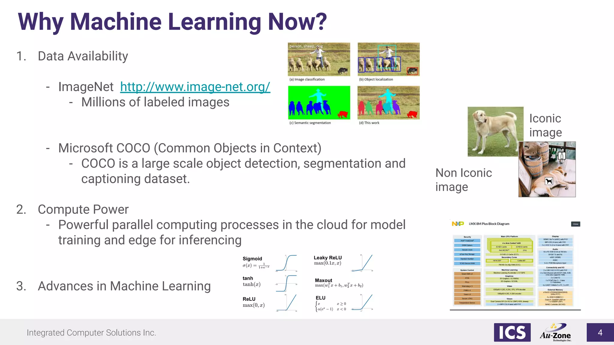 Integrated Computer Solutions Inc.
Why Machine Learning Now?
1. Data Availability
- ImageNet http://www.image-net.org/
- Millions of labeled images
- Microsoft COCO (Common Objects in Context)
- COCO is a large scale object detection, segmentation and
captioning dataset.
2. Compute Power
- Powerful parallel computing processes in the cloud for model
training and edge for inferencing
3. Advances in Machine Learning
Iconic
image
Non Iconic
image
4
 