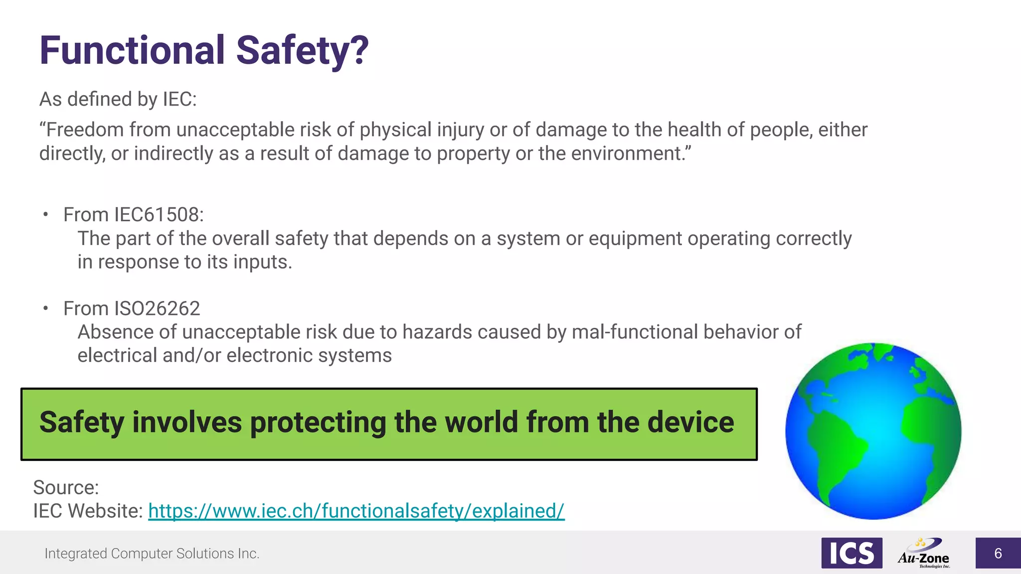 Integrated Computer Solutions Inc.
Functional Safety?
As deﬁned by IEC:
“Freedom from unacceptable risk of physical injury or of damage to the health of people, either
directly, or indirectly as a result of damage to property or the environment.”
• From IEC61508:
The part of the overall safety that depends on a system or equipment operating correctly
in response to its inputs.
• From ISO26262
Absence of unacceptable risk due to hazards caused by mal-functional behavior of
electrical and/or electronic systems
Source:
IEC Website: https://www.iec.ch/functionalsafety/explained/
Safety involves protecting the world from the device
6
 