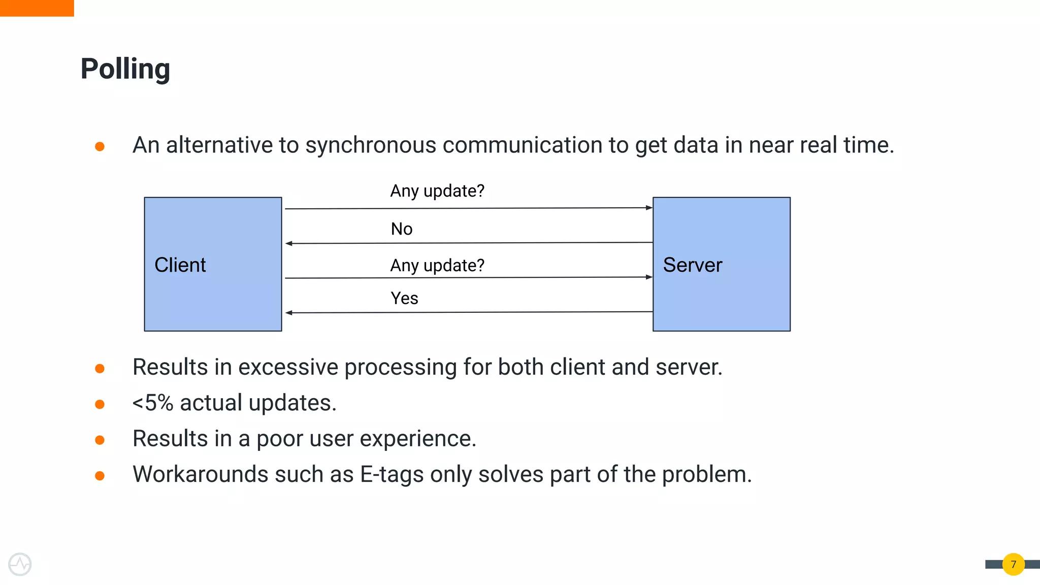 ● An alternative to synchronous communication to get data in near real time.
● Results in excessive processing for both client and server.
● <5% actual updates.
● Results in a poor user experience.
● Workarounds such as E-tags only solves part of the problem.
7
Polling
Client Server
Any update?
No
Any update?
Yes
 