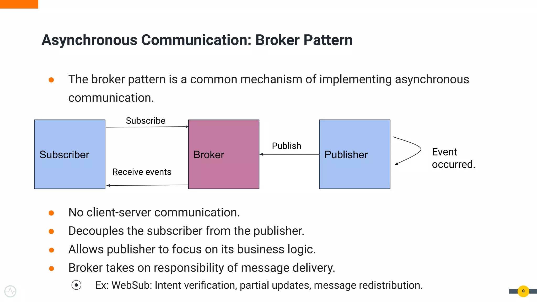 ● The broker pattern is a common mechanism of implementing asynchronous
communication.
● No client-server communication.
● Decouples the subscriber from the publisher.
● Allows publisher to focus on its business logic.
● Broker takes on responsibility of message delivery.
⦿ Ex: WebSub: Intent veriﬁcation, partial updates, message redistribution. 9
Asynchronous Communication: Broker Pattern
Subscriber Publisher
Subscribe
Receive events
Event
occurred.
Broker
Publish
 