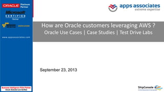 © Copyright 2013. Apps Associates LLC. 1
How are Oracle customers leveraging AWS ?
Oracle Use Cases | Case Studies | Test Drive Labs
September 23, 2013
 