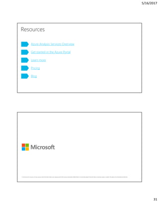 5/16/2017
31
Resources
Azure Analysis Services Overview
Get started in the Azure Portal
Learn more
Pricing
Blog
Some infor...