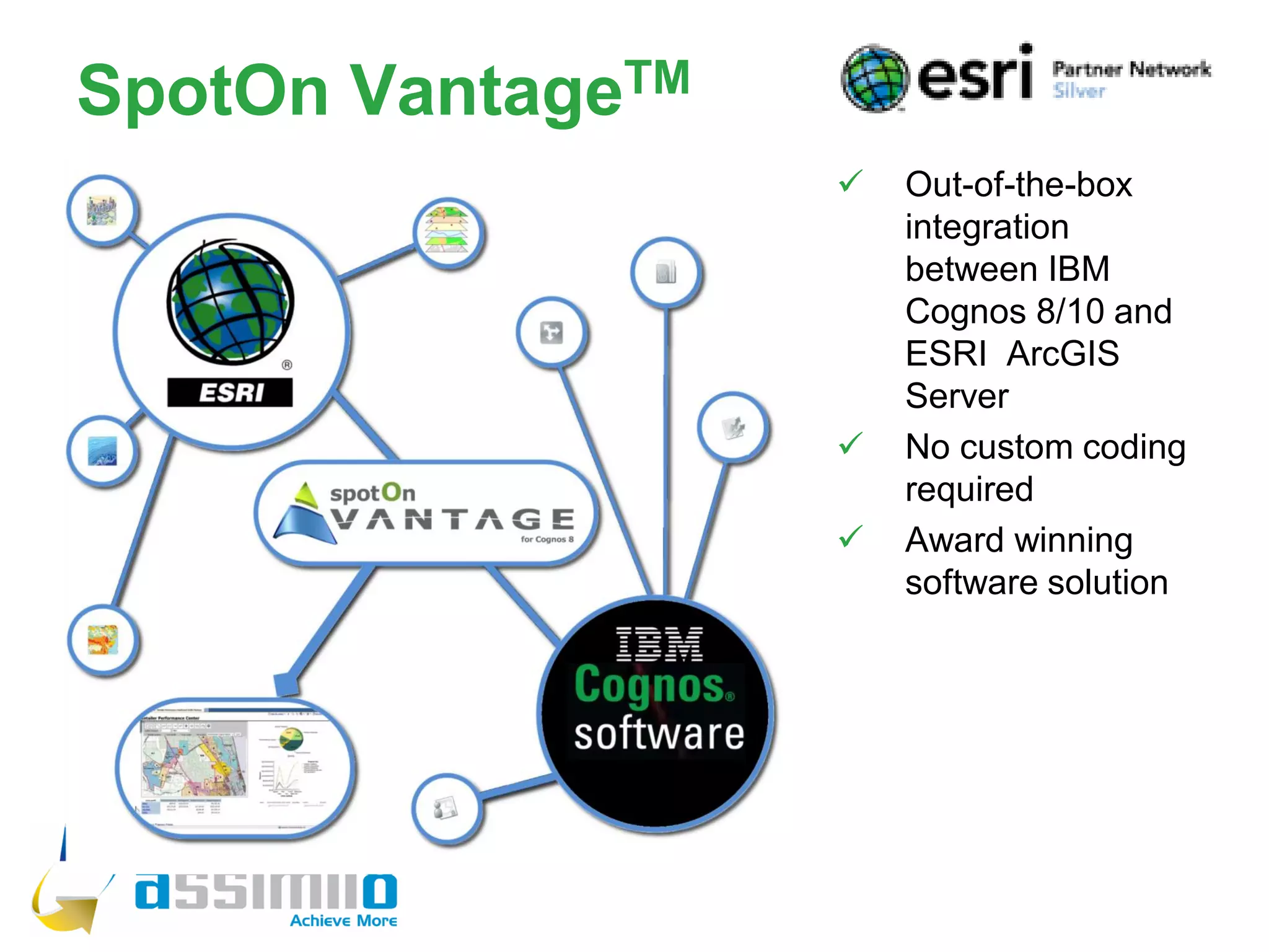 SpotOn VantageTM
                      Out-of-the-box
                       integration
                       between IBM
                       Cognos 8/10 and
                       ESRI ArcGIS
                       Server
                      No custom coding
                       required
                      Award winning
                       software solution
 