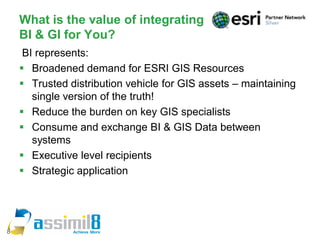 What is the value of integrating
    BI & GI for You?
     BI represents:
     Broadened demand for ESRI GIS Resources
     Trusted distribution vehicle for GIS assets – maintaining
       single version of the truth!
     Reduce the burden on key GIS specialists
     Consume and exchange BI & GIS Data between
       systems
     Executive level recipients
     Strategic application




8
 