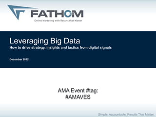 Leveraging Big Data
How to drive strategy, insights and tactics from digital signals


December 2012




                              AMA Event #tag:
                                #AMAVES
 