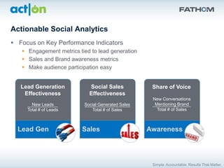 Actionable Social Analytics
 Focus on Key Performance Indicators
    Engagement metrics tied to lead generation
    Sales and Brand awareness metrics
    Make audience participation easy


   Lead Generation          Social Sales            Share of Voice
    Effectiveness           Effectiveness
                                                    New Conversations
       New Leads          Social Generated Sales     Mentioning Brand
     Total # of Leads        Total # of Sales         Total # of Sales



  Lead Gen                Sales                    Awareness
 