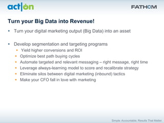 Turn your Big Data into Revenue!
 Turn your digital marketing output (Big Data) into an asset

 Develop segmentation and targeting programs
       Yield higher conversions and ROI
       Optimize best path buying cycles
       Automate targeted and relevant messaging – right message, right time
       Leverage always-learning model to score and recalibrate strategy
       Eliminate silos between digital marketing (inbound) tactics
       Make your CFO fall in love with marketing
 