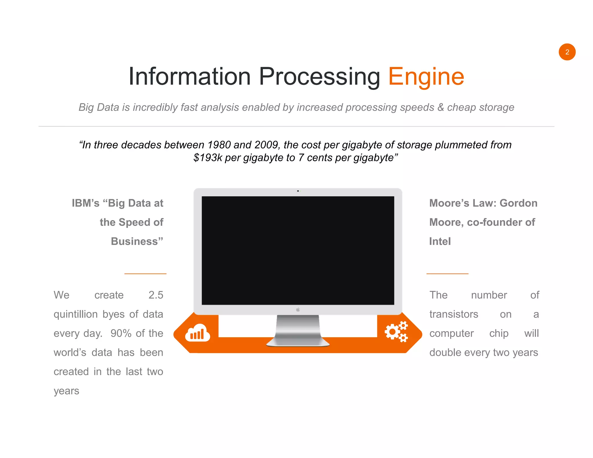 2
Information Processing Engine
Big Data is incredibly fast analysis enabled by increased processing speeds & cheap storage
Moore’s Law: Gordon
Moore, co-founder of
Intel
The number of
transistors on a
computer chip will
double every two years
IBM’s “Big Data at
the Speed of
Business”
We create 2.5
quintillion byes of data
every day. 90% of the
world’s data has been
created in the last two
years
“In three decades between 1980 and 2009, the cost per gigabyte of storage plummeted from
$193k per gigabyte to 7 cents per gigabyte”
 
