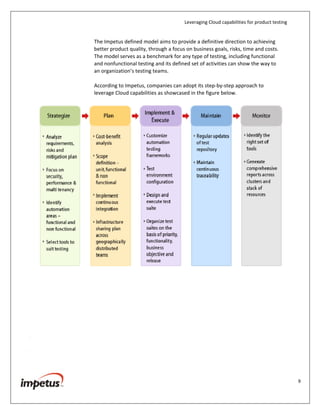Leveraging Cloud capabilities for product testing
9
The Impetus defined model aims to provide a definitive direction to achieving
better product quality, through a focus on business goals, risks, time and costs.
The model serves as a benchmark for any type of testing, including functional
and nonfunctional testing and its defined set of activities can show the way to
an organization’s testing teams.
According to Impetus, companies can adopt its step-by-step approach to
leverage Cloud capabilities as showcased in the figure below.
 