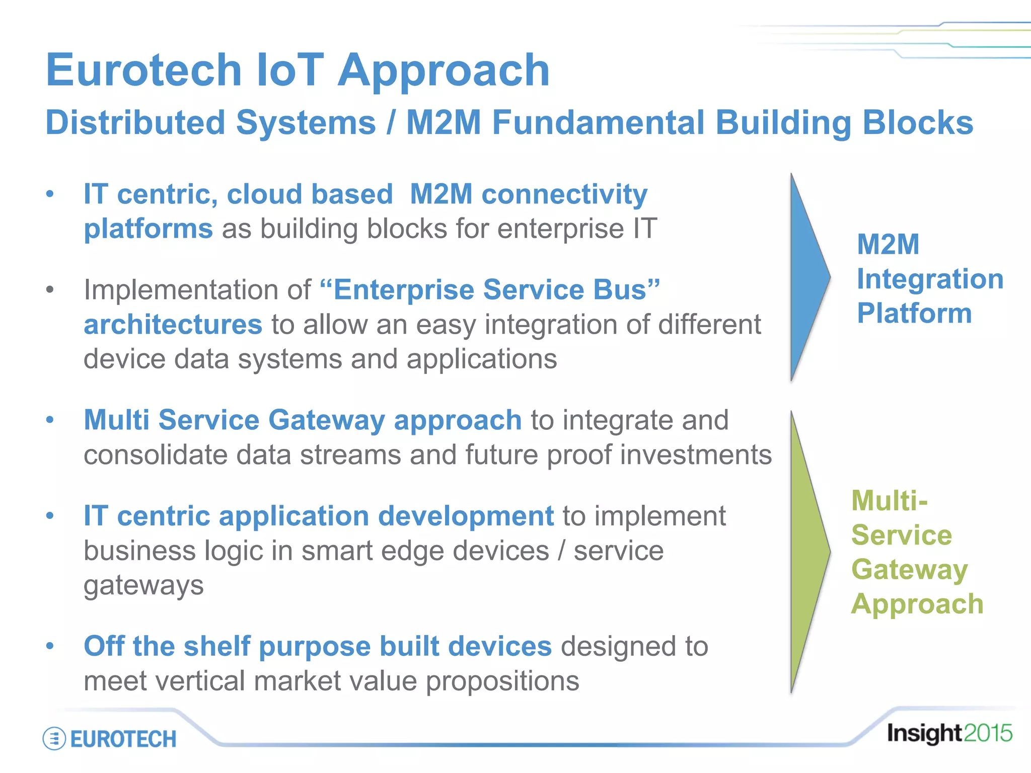 Eurotech IoT Approach
•  IT centric, cloud based M2M connectivity
platforms as building blocks for enterprise IT
•  Implementation of “Enterprise Service Bus”
architectures to allow an easy integration of different
device data systems and applications
•  Multi Service Gateway approach to integrate and
consolidate data streams and future proof investments
•  IT centric application development to implement
business logic in smart edge devices / service
gateways
•  Off the shelf purpose built devices designed to
meet vertical market value propositions
Distributed Systems / M2M Fundamental Building Blocks
M2M
Integration
Platform
Multi-
Service
Gateway
Approach
 