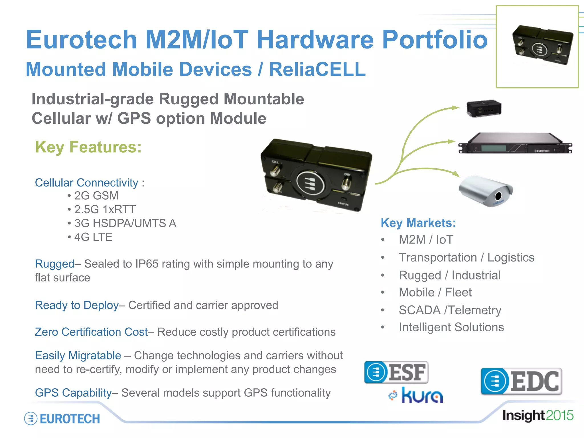 Eurotech M2M/IoT Hardware Portfolio
Mounted Mobile Devices / ReliaCELL
Industrial-grade Rugged Mountable
Cellular w/ GPS option Module
Key Features:
Cellular Connectivity :
• 2G GSM
• 2.5G 1xRTT
• 3G HSDPA/UMTS A
• 4G LTE
Rugged– Sealed to IP65 rating with simple mounting to any
flat surface
Ready to Deploy– Certified and carrier approved
Zero Certification Cost– Reduce costly product certifications
Easily Migratable – Change technologies and carriers without
need to re-certify, modify or implement any product changes
GPS Capability– Several models support GPS functionality
Key Markets:
•  M2M / IoT
•  Transportation / Logistics
•  Rugged / Industrial
•  Mobile / Fleet
•  SCADA /Telemetry
•  Intelligent Solutions
 