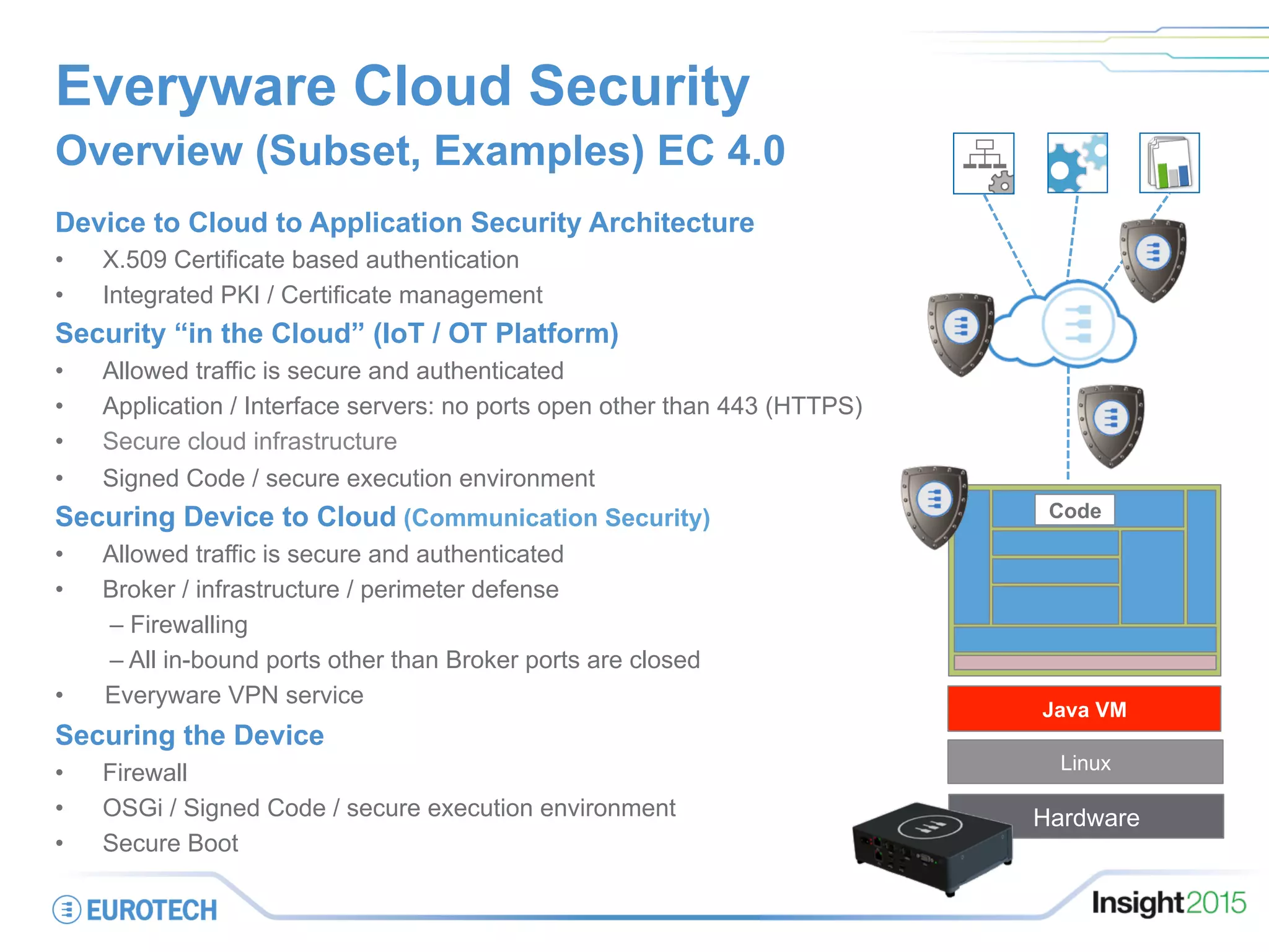 Everyware Cloud Security
Overview (Subset, Examples) EC 4.0
Device to Cloud to Application Security Architecture
•  X.509 Certificate based authentication
•  Integrated PKI / Certificate management
Security “in the Cloud” (IoT / OT Platform)
•  Allowed traffic is secure and authenticated
•  Application / Interface servers: no ports open other than 443 (HTTPS)
•  Secure cloud infrastructure
•  Signed Code / secure execution environment
Securing Device to Cloud (Communication Security)
•  Allowed traffic is secure and authenticated
•  Broker / infrastructure / perimeter defense
– Firewalling
– All in-bound ports other than Broker ports are closed
•  Everyware VPN service
Securing the Device
•  Firewall
•  OSGi / Signed Code / secure execution environment
•  Secure Boot
on
Hardware
Java VM
Code
Linux
 
