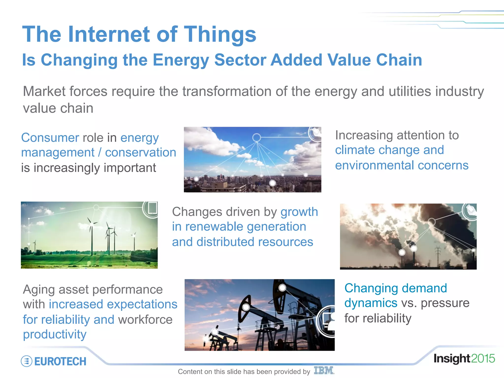 The Internet of Things
Is Changing the Energy Sector Added Value Chain
Market forces require the transformation of the energy and utilities industry
value chain
Aging asset performance
with increased expectations
for reliability and workforce
productivity
Consumer role in energy
management / conservation
is increasingly important
Changing demand
dynamics vs. pressure
for reliability
Changes driven by growth
in renewable generation
and distributed resources
Increasing attention to
climate change and
environmental concerns
Content on this slide has been provided by
 