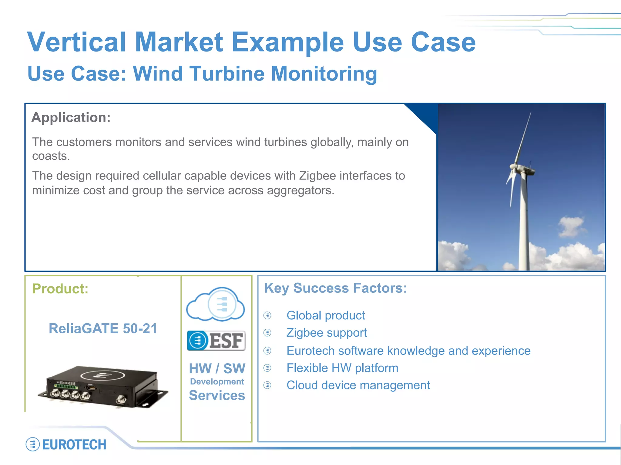 Vertical Market Example Use Case
Use Case: Wind Turbine Monitoring
Application:
The customers monitors and services wind turbines globally, mainly on
coasts.
The design required cellular capable devices with Zigbee interfaces to
minimize cost and group the service across aggregators.
Key Success Factors:
  Global product
  Zigbee support
  Eurotech software knowledge and experience
  Flexible HW platform
  Cloud device management
Product:
ReliaGATE 50-21
HW / SW
Development
Services
 