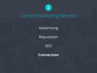 Content Marketing Benefits
2
Advertising
Reputation
SEO
Conversion
 