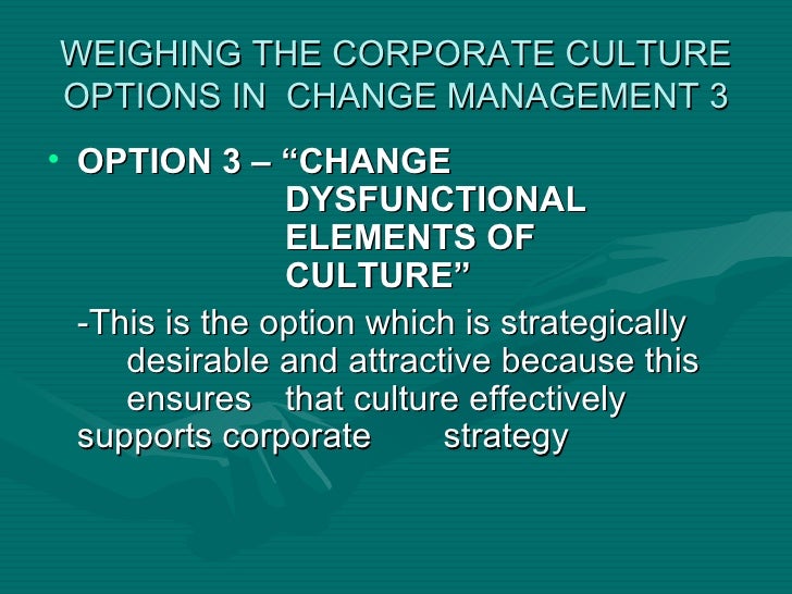 initiate changes in the corporate culture Recognizing organizational culture in managing change initiate an electronic comment box for employees, and implement surveys on customer service and supplier . initiate changes in the corporate culture Recognizing organizational culture in managing change initiate an electronic comment box for employees, and implement surveys on customer service and supplier .