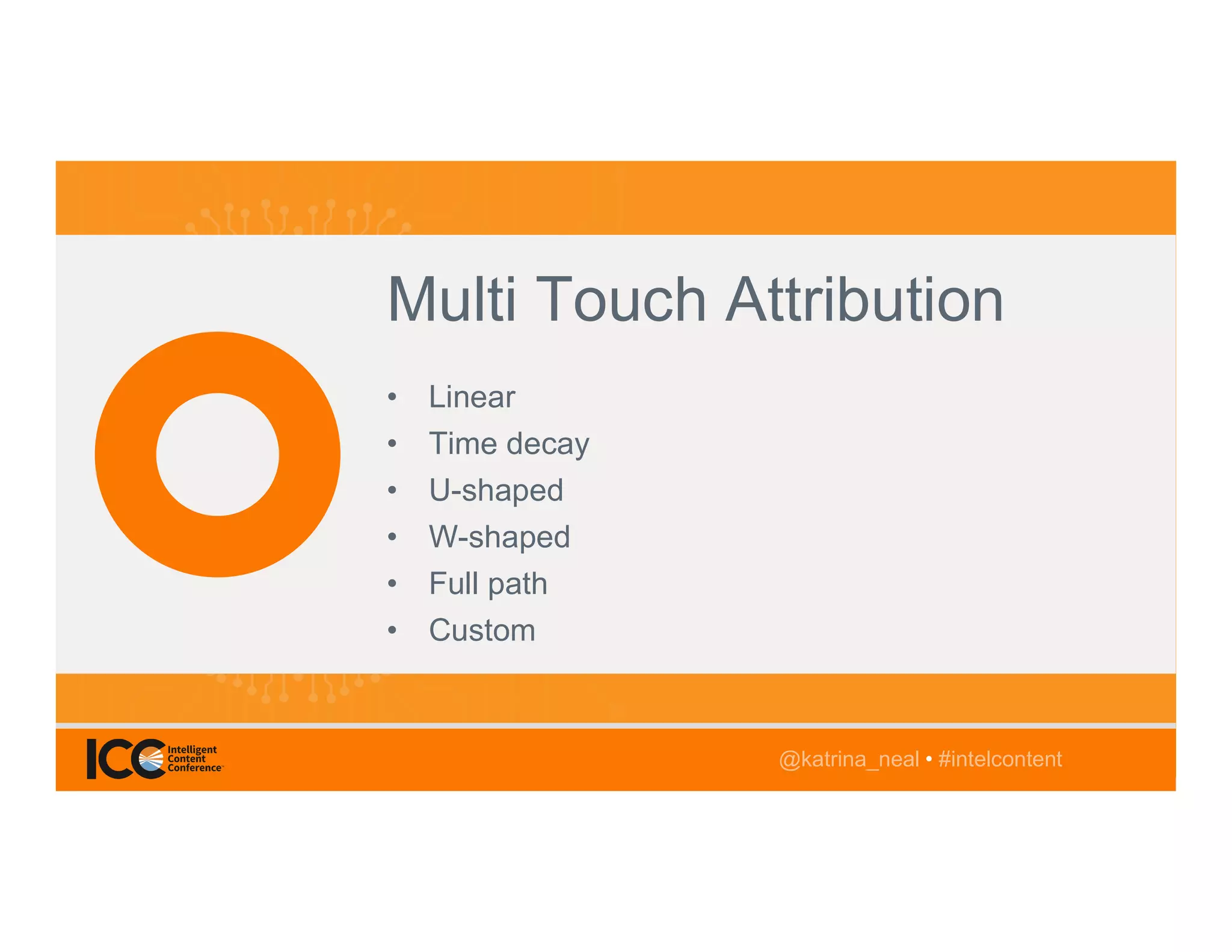 @TwitterHandle • #intelcontent
AGENDA
@katrina_neal • #intelcontent
Multi Touch Attribution
• Linear
• Time decay
• U-shaped
• W-shaped
• Full path
• Custom
@katrina_neal • #intelcontent
 