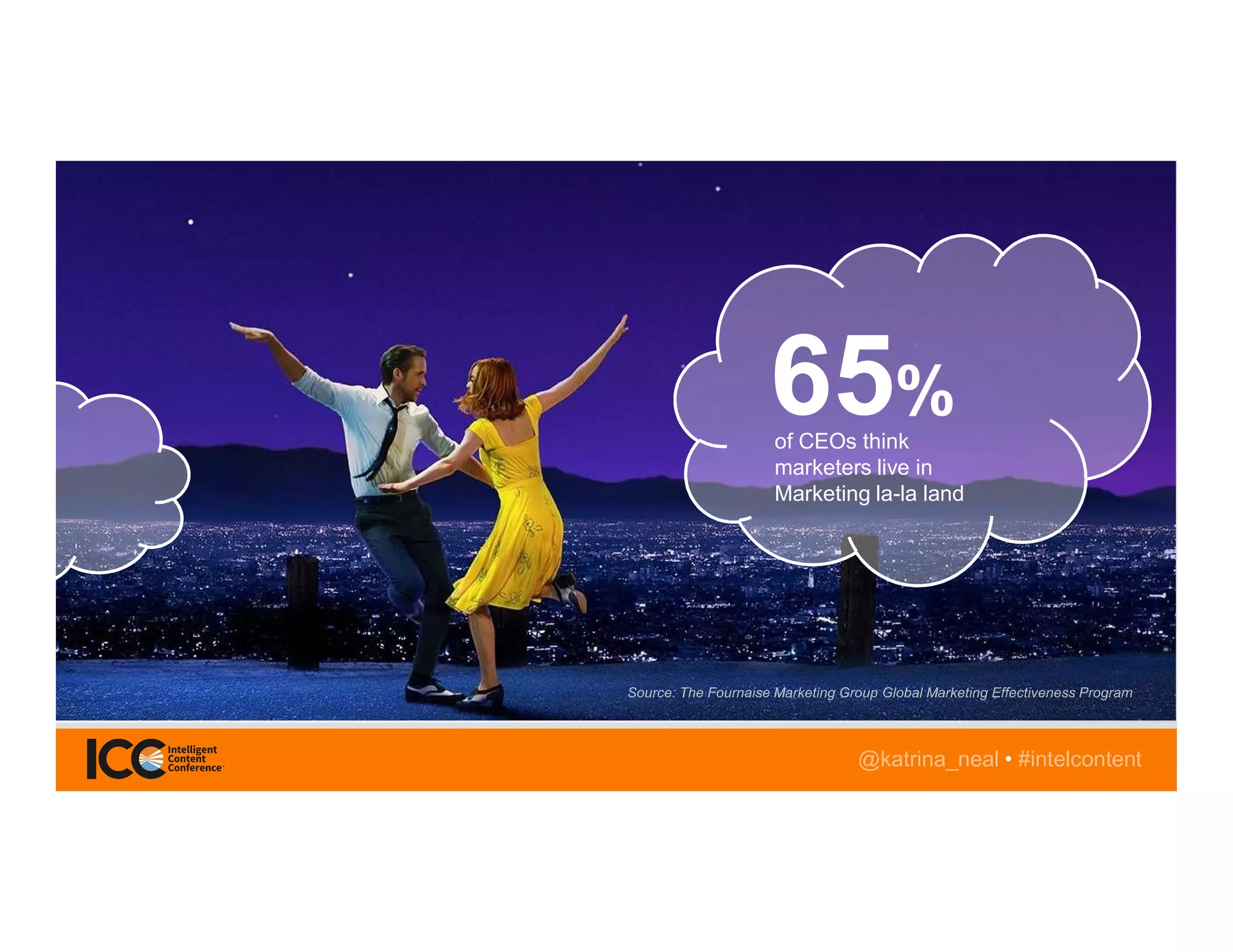 @katrina_neal • #intelcontent
65%
of CEOs think
marketers live in
Marketing la-la land
 