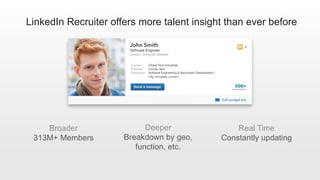 LinkedIn Recruiter offers more talent insight than ever before
Broader
313M+ Members
Deeper
Breakdown by geo,
function, et...