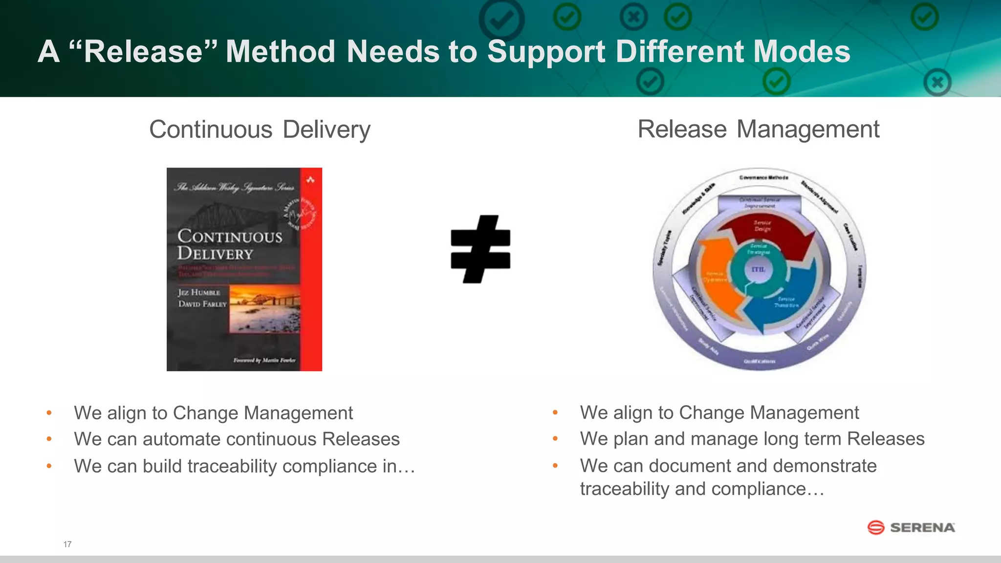 17
Release  Management
• We  align  to  Change  Management
• We  plan  and  manage  long  term  Releases
• We  can  document  and  demonstrate  
traceability  and  compliance…
A  “Release”  Method  Needs  to  Support  Different  Modes
Continuous  Delivery
• We  align  to  Change  Management
• We  can  automate  continuous  Releases
• We  can  build  traceability  compliance  in…
 