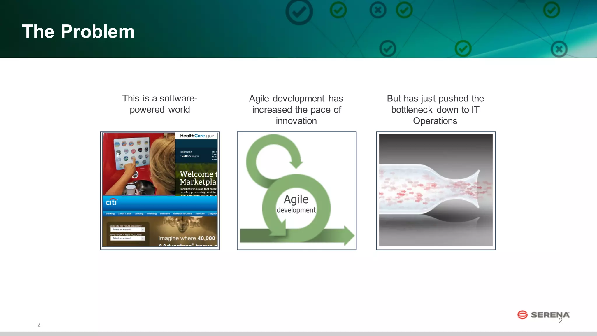 2
2
The  Problem
This  is  a  software-­
powered  world
Agile  development   has  
increased  the  pace  of  
innovation
But  has  just  pushed  the  
bottleneck  down  to  IT  
Operations
 