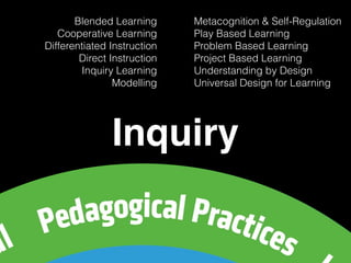 Blended Learning
Cooperative Learning
Differentiated Instruction
Direct Instruction
Inquiry Learning
Modelling
Metacognition & Self-Regulation
Play Based Learning
Problem Based Learning
Project Based Learning
Understanding by Design
Universal Design for Learning
Inquiry
 