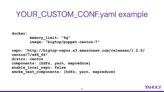 YOUR_CUSTOM_CONF.yaml example
37
docker:
memory_limit: "4g"
image: "bigtop/puppet:centos-7"
repo: "http://bigtop-repos.s3.amazonaws.com/releases/1.2.0/
centos/7/x86_64"
distro: centos
components: [hdfs, yarn, mapreduce]
enable_local_repo: false
smoke_test_components: [hdfs, yarn, mapreduce]
 