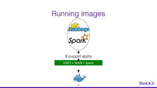 Running images
HDFS	+	YARN	+	Spark
$ puppet apply
47
 