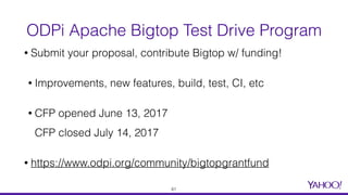 • Submit your proposal, contribute Bigtop w/ funding!
• Improvements, new features, build, test, CI, etc
• CFP opened June 13, 2017 
CFP closed July 14, 2017
• https://www.odpi.org/community/bigtopgrantfund
ODPi Apache Bigtop Test Drive Program
61
 