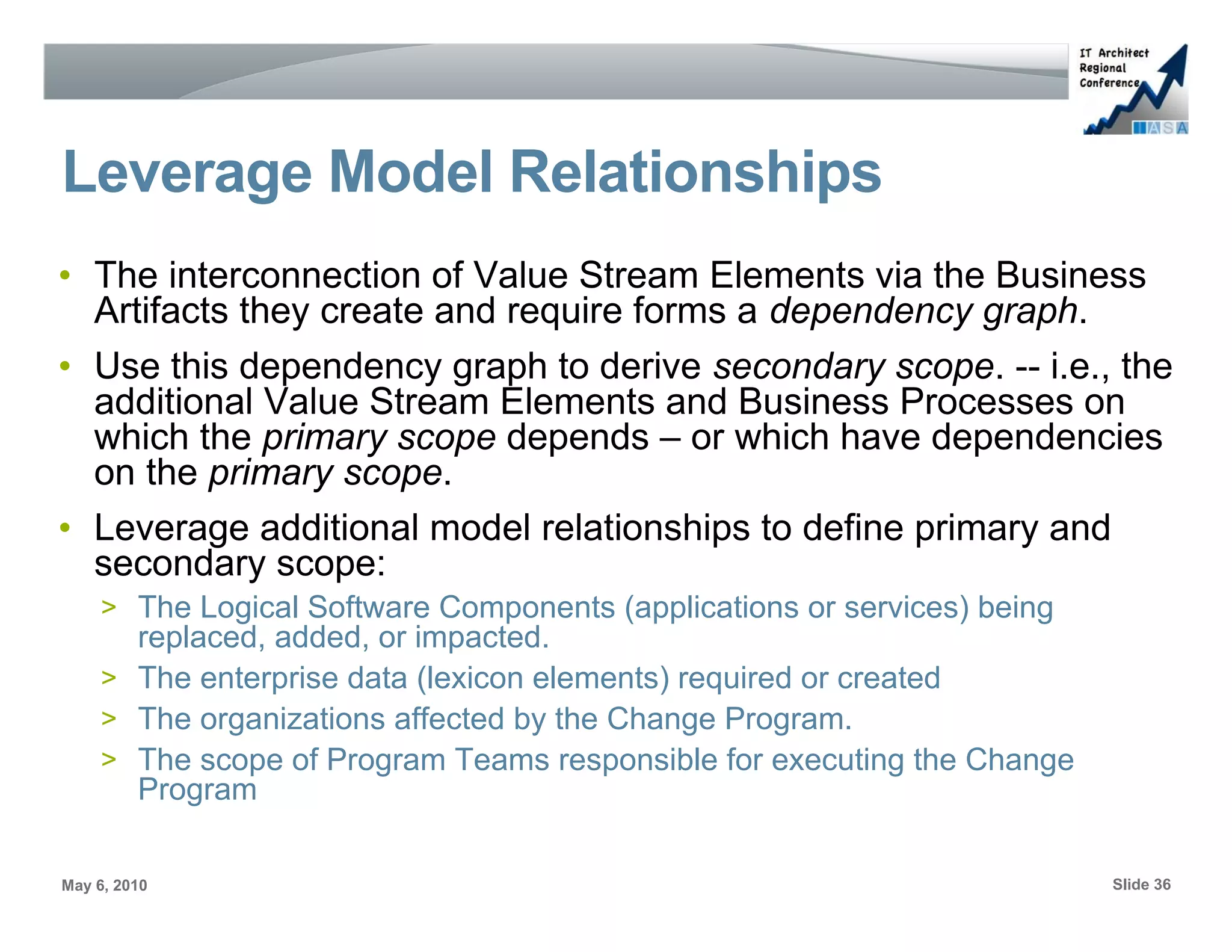 Leverage Model Relationships
• The interconnection of Value Stream Elements via the Business
  Artifacts they create and require forms a dependency graph.
• Use this dependency graph to derive secondary scope. -- i.e., the
  additional Value Stream Elements and Business Processes on
  which the primary scope depends – or which have dependencies
  on the primary scope.
• Leverage additional model relationships to define primary and
  secondary scope:
     > The Logical Software Components (applications or services) being
       replaced, added, or impacted.
     > The enterprise data (lexicon elements) required or created
     > The organizations affected by the Change Program.
     > The scope of Program Teams responsible for executing the Change
       Program

May 6, 2010                                                               Slide 36
 