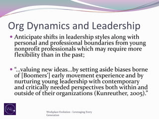 Org Dynamics and Leadership
 Anticipate shifts in leadership styles along with
personal and professional boundaries from young
nonprofit professionals which may require more
flexibility than in the past;

 “…valuing new ideas...by setting aside biases borne
of [Boomers’] early movement experience and by
nurturing young leadership with contemporary
and critically needed perspectives both within and
outside of their organizations (Kunreuther, 2005).”
Workplace Evolution - Leveraging Every
Generation

 
