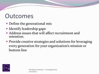 Outcomes
 Define the generational mix
 Identify leadership gaps
 Address issues that will affect recruitment and

retention.
 Provide creative strategies and solutions for leveraging
every generation for your organization’s mission or
bottom line

Workplace Evolution - Leveraging Every
Generation

 