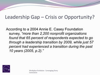 Leadership Gap – Crisis or Opportunity?
According to a 2004 Annie E. Casey Foundation
survey, “more than 2,200 nonprofit organizations
found that 65 percent of respondents expected to go
through a leadership transition by 2009, while just 57
percent had experienced a transition during the past
10 years (2005, p.2).”

Workplace Evolution - Leveraging Every
Generation

 