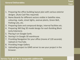 General Deliverables
Total
Cost
1. Preparing the office building layout plan with various exterior
designs. (Auto Cad Files required)
2. Name Boards for different sectors visible in Satellite view,
colouring, roads, street lights, avenue plants, Green Belt,
Parking Lots, etc.
3. Preparing Gate and compound design, internal facilities etc.
4. Preparing 360 Deg 3D model design for each Building Block
(only Exteriors).
5. Placing it on Google Earth.
6. Storing it in Google 3D warehouse
7. Providing Navigation for your office (movie of 120 seconds)
Upload on YouTube.
8. Providing Image Gallery
9. Uploading project to GIMS server to see your project in the
browser.
Service Tax @12.36 % chargeable additionally
 