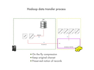 Hadoop data transfer process




  ▪ On the fly compression
  ▪ Keep original charset
  ▪ Preserved notion of records
 