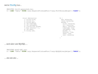 we're Thrifty too...
   REGISTER thrift-generated.jar;
   A = LOAD '$data' USING cacp.SequenceFileLoadFunc('cacp.ThiftBinaryHelper','CLASS');



                       struct Redirection{                    A: {
                         1: string alias,                       key: bytearray,
                         2: string url,                         value: bytearray,
                         3: string email,                       parsed: (
                         4: i64 timestamp,                         alias: chararray,
                         5: i64 lastupdate,                        url: chararray,
                         6: list<string> params,                   email: chararray,
                         7: bool external = 1,                     timestamp: long,
                         8: i64 owner,                             lastupdate: long,
                         9: string user,                           params: (),
                       }                                           external: long,
                                                                   owner: long,
                                                                   user: chararray
                                                                )
                                                              }




... and also use MySQL ...

   REGISTER mysql-ddl.jar;
   A = LOAD '$data' USING cacp.SequenceFileLoadFunc('cacp.MySQLBinaryHelper','TABLE');



... etc etc etc ...
 