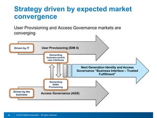 Strategy driven by expected market
     convergence
     User Provisioning and Access Governance markets are
     converging


     Driven by IT                  User Provisioning (IDM 4)

                                           Demanding
                                         business-centric
                                          user interfaces


                                                              Next Generation Identity and Access
                                                            Governance “Business Interface – Trusted
                                                                         Fulfillment”

                                           Demanding
                                              better
                                           Provisioning

     Driven by the
       business                   Access Governance (AGS)




16     © 2012 NetIQ Corporation. All rights reserved.
 