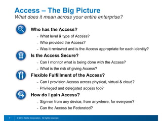 Access – The Big Picture
    What does it mean across your entire enterprise?

                    Who has the Access?
                          –   What level & type of Access?
                          –   Who provided the Access?
                          –   Was it reviewed and is the Access appropriate for each identity?
                    Is the Access Secure?
                          –   Can I monitor what is being done with the Access?
                          –   What is the risk of giving Access?
                    Flexible Fulfillment of the Access?
                          –   Can I provision Access across physical, virtual & cloud?
                          –   Privileged and delegated access too?
                    How do I gain Access?
                          –   Sign-on from any device, from anywhere, for everyone?
                          –   Can the Access be Federated?

7    © 2012 NetIQ Corporation. All rights reserved.
 