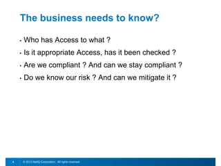 The business needs to know?

    •   Who has Access to what ?
    •   Is it appropriate Access, has it been checked ?
    •   Are we compliant ? And can we stay compliant ?
    •   Do we know our risk ? And can we mitigate it ?




8       © 2012 NetIQ Corporation. All rights reserved.
 