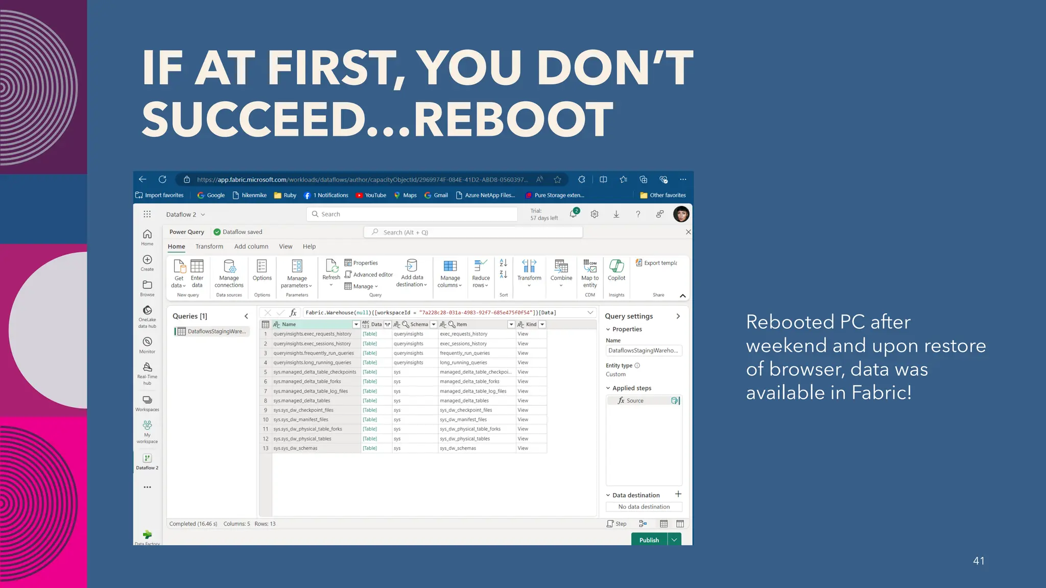 IF AT FIRST, YOU DON’T
SUCCEED…REBOOT
Rebooted PC after
weekend and upon restore
of browser, data was
available in Fabric!
41
 
